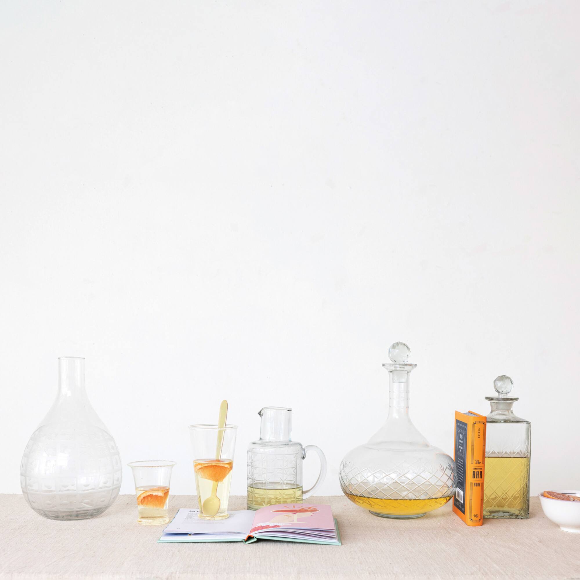 Hello Honey® 32oz. Clear Hand-Blown Etched Reclaimed Glass Pitcher with Tall Neck & Handle